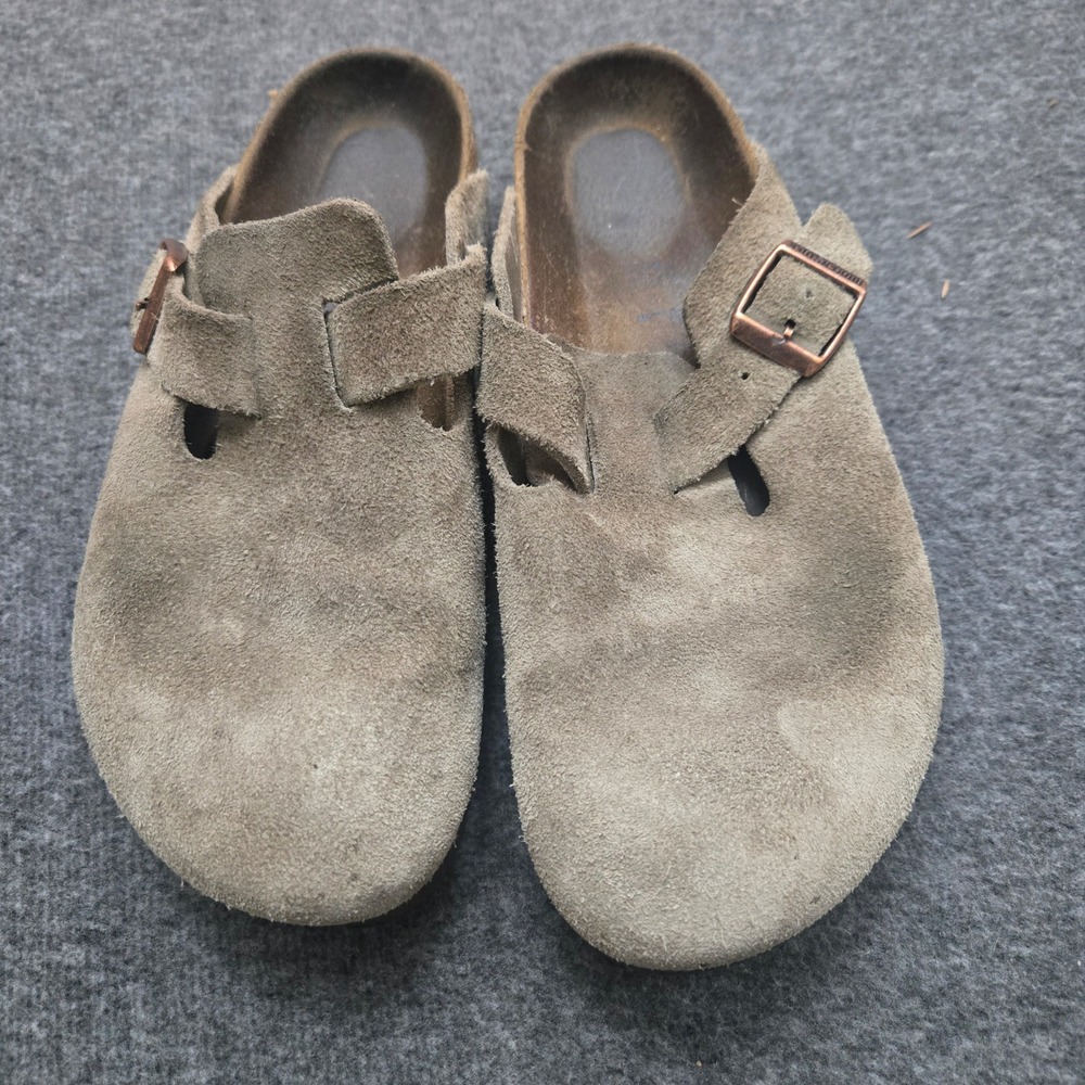 Birkenstock Boston Clogs Women 38 Taupe Suede Leather Mules Granola - Picture 2 of 10